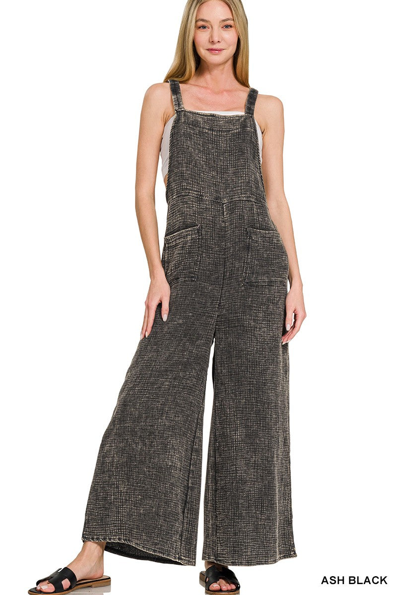 Washed Double Gauze Wide Overalls | Ash Black
