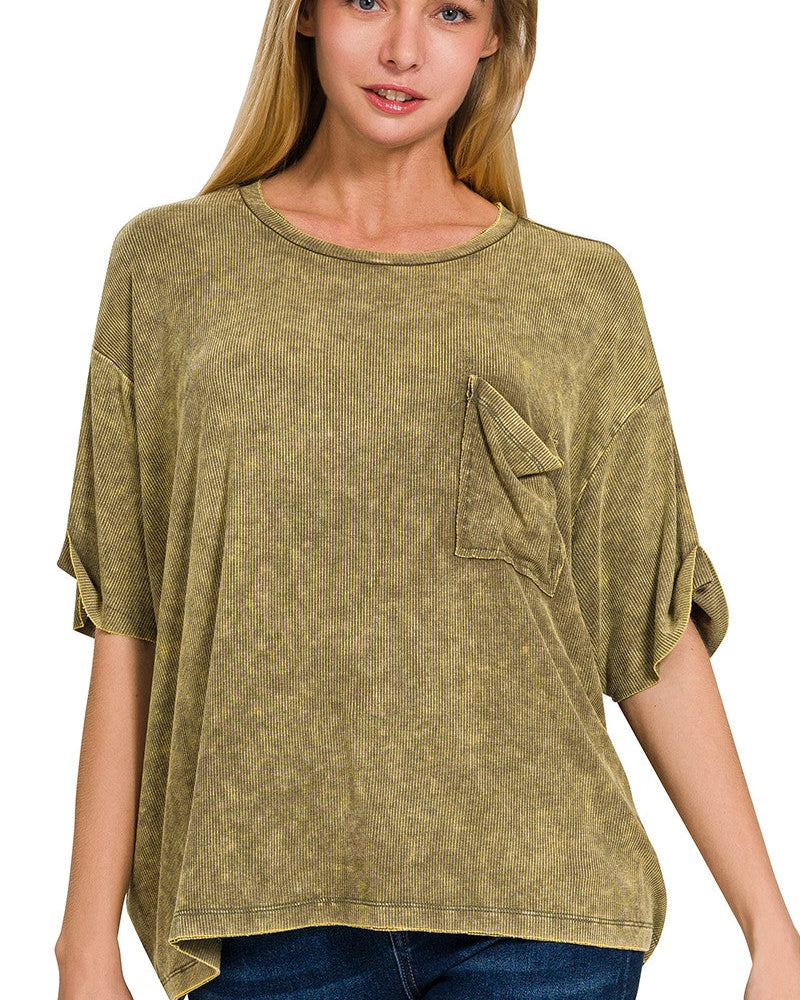 Washed Ribbed Cuff Top in Light Olive | Yeah Gurl Boutique