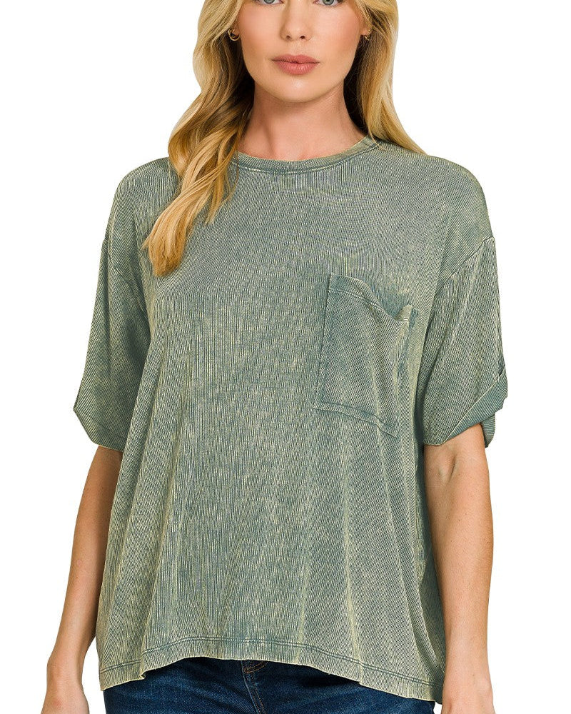 Washed Ribbed Cuff Top in Ash Jade | Yeah Gurl Boutique