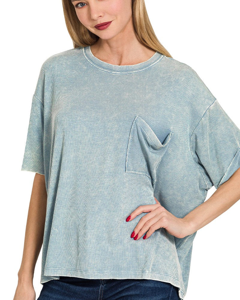 Washed Ribbed Cuff Top in Blue Grey | Yeah Gurl Boutique