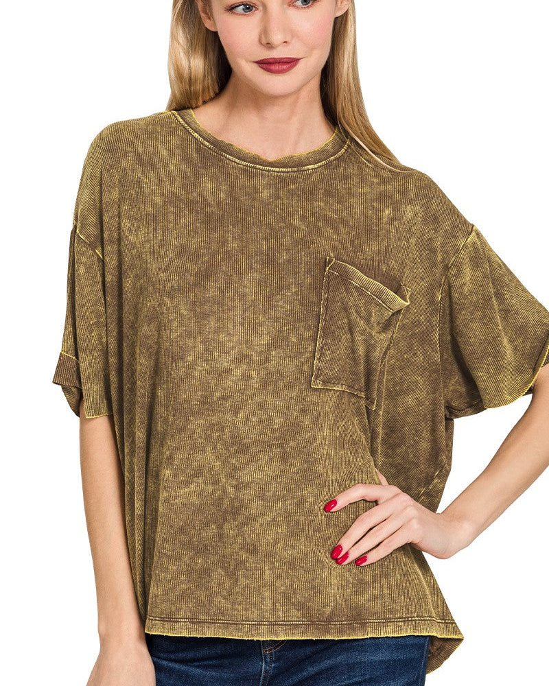 Washed Ribbed Cuff Top in Brown | Yeah Gurl Boutique
