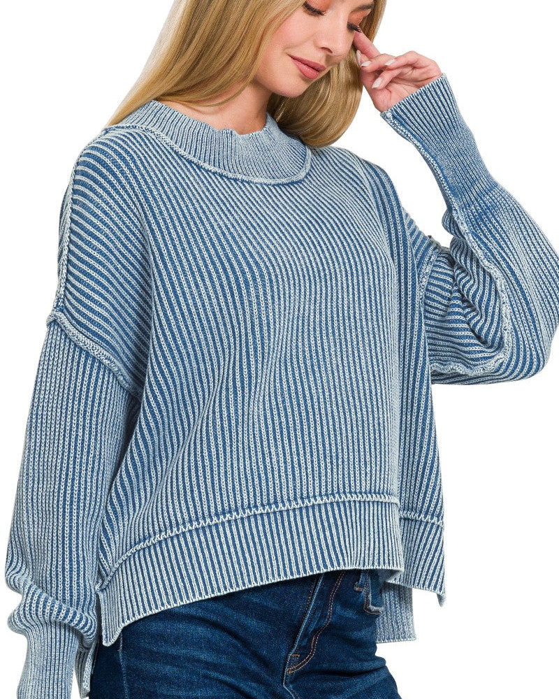 Washed Side Slit Oversized Cropped Sweater in Classic Blue | Yeah Gurl Boutique