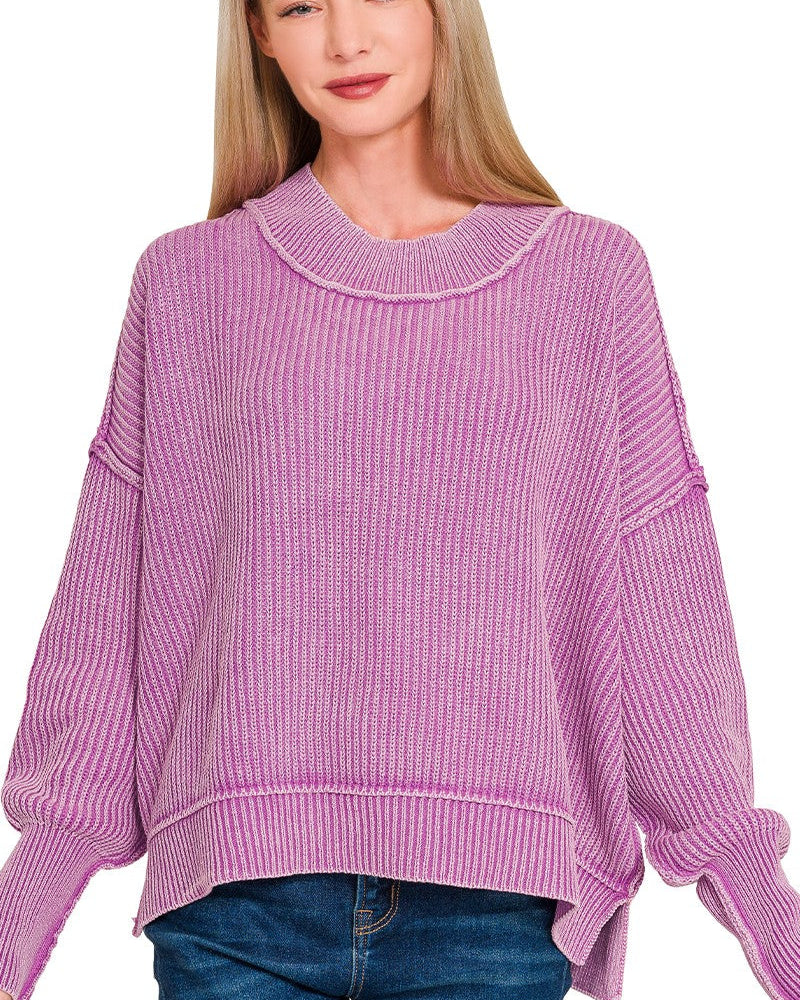 Washed Side Slit Oversized Cropped Sweater in Violet | Yeah Gurl Boutique