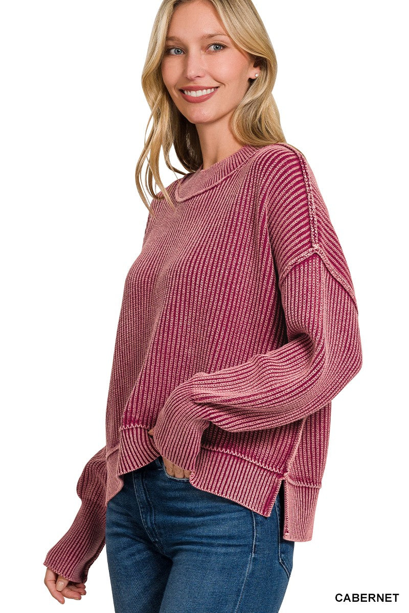 Washed Side Slit Cropped Sweater | Cabernet