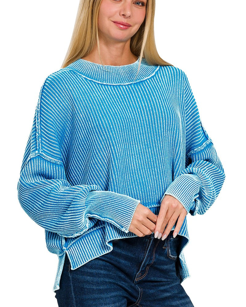 Washed Side Slit Oversized Cropped Sweater