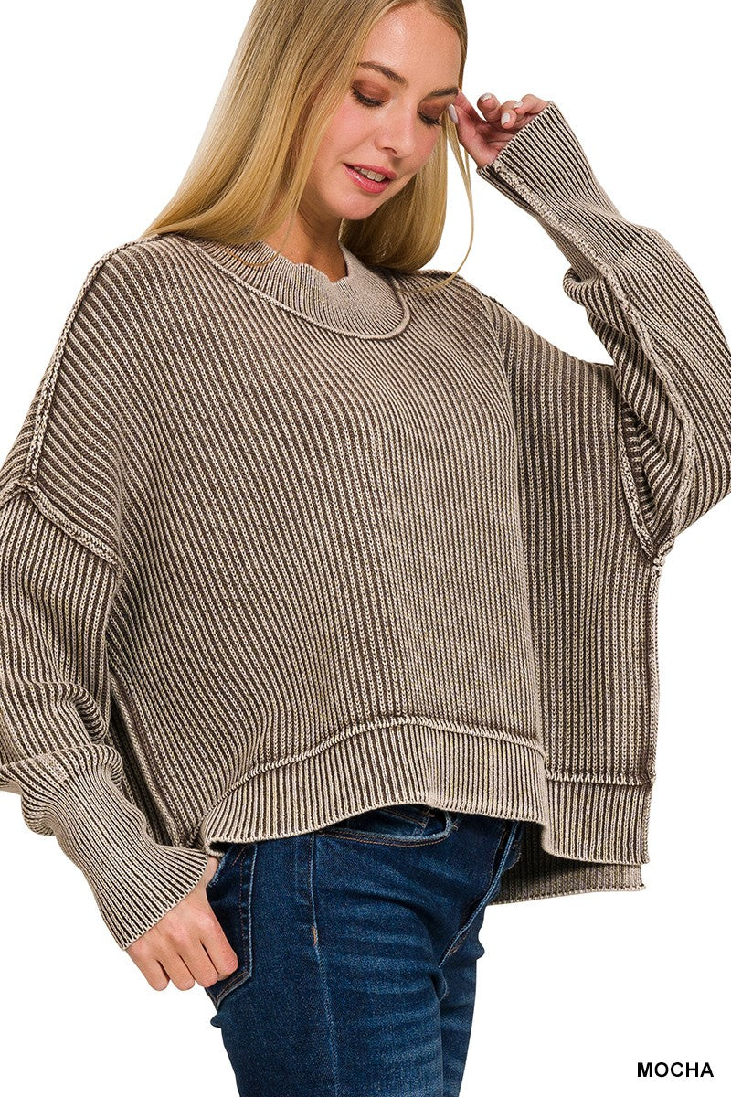 Washed Side Slit Oversized Cropped Sweater | Mocha