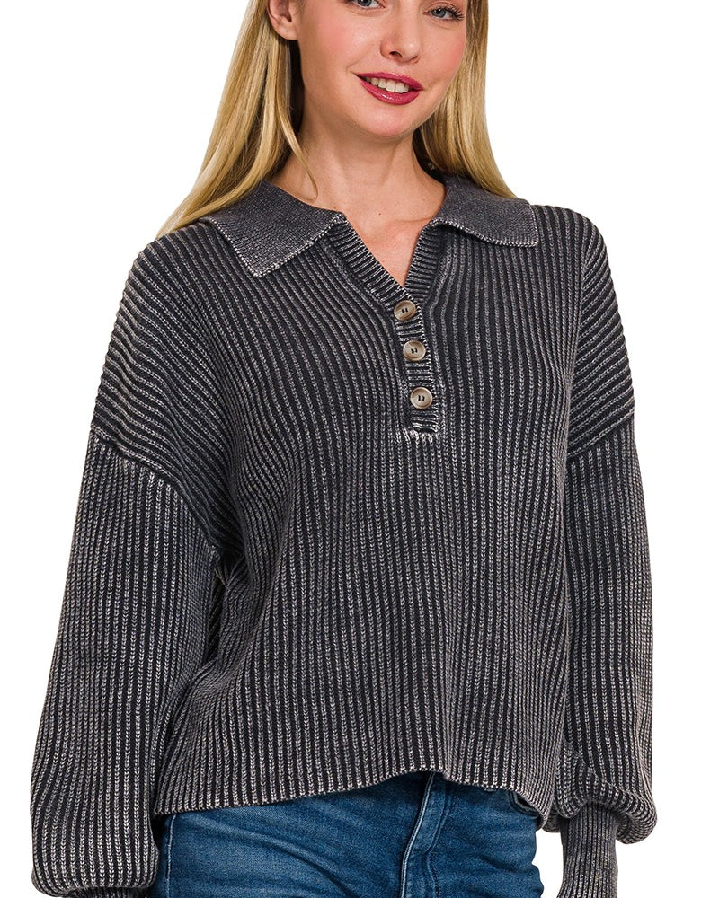 Washed Collared Henley Sweater
