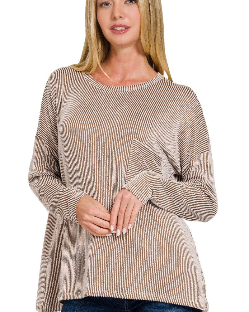 Ribbed Striped Oversized Long Sleeve Top in Mocha | Yeah Gurl Boutique