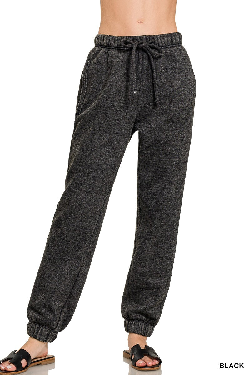Acid Wash Fleece Sweatpants | Black