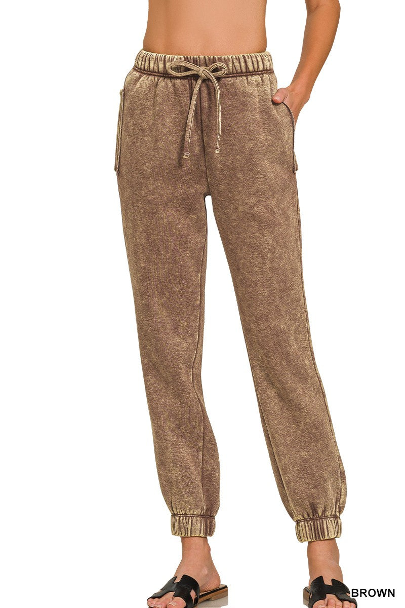 Acid Wash Fleece Sweatpants | Brown