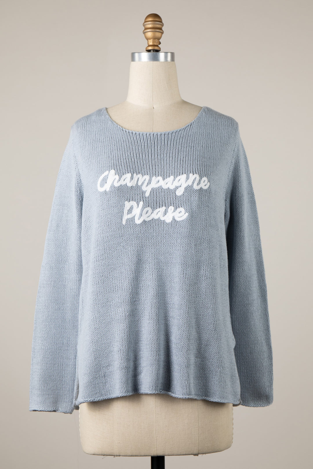Cursive Champagne Please Sweater Top | Blue Grey