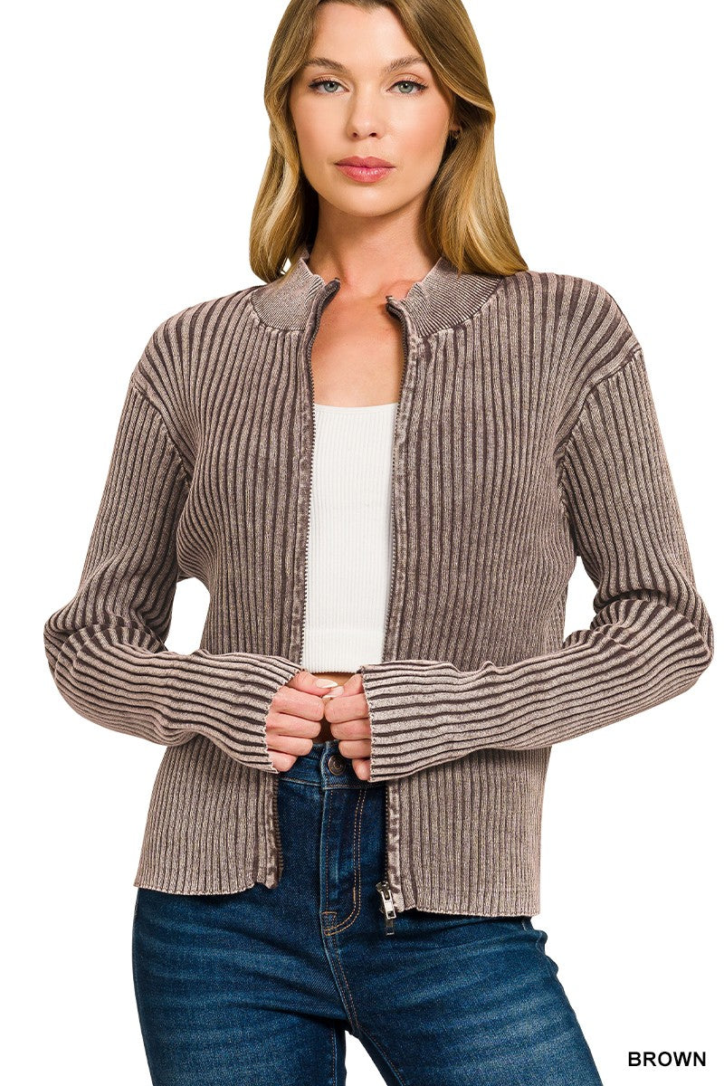 Two Tone Zip Up Sweater | Brown