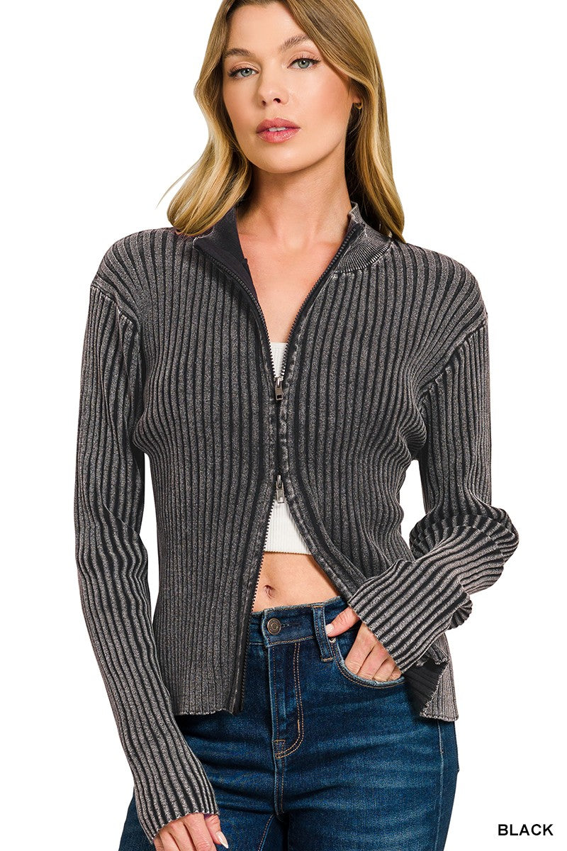 Two Tone Zip Up Sweater | Black