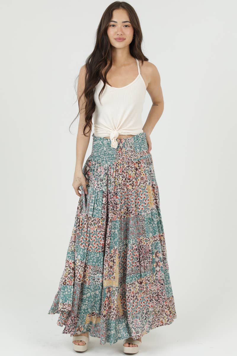 Boho Patchwork Tiered Maxi Skirt
