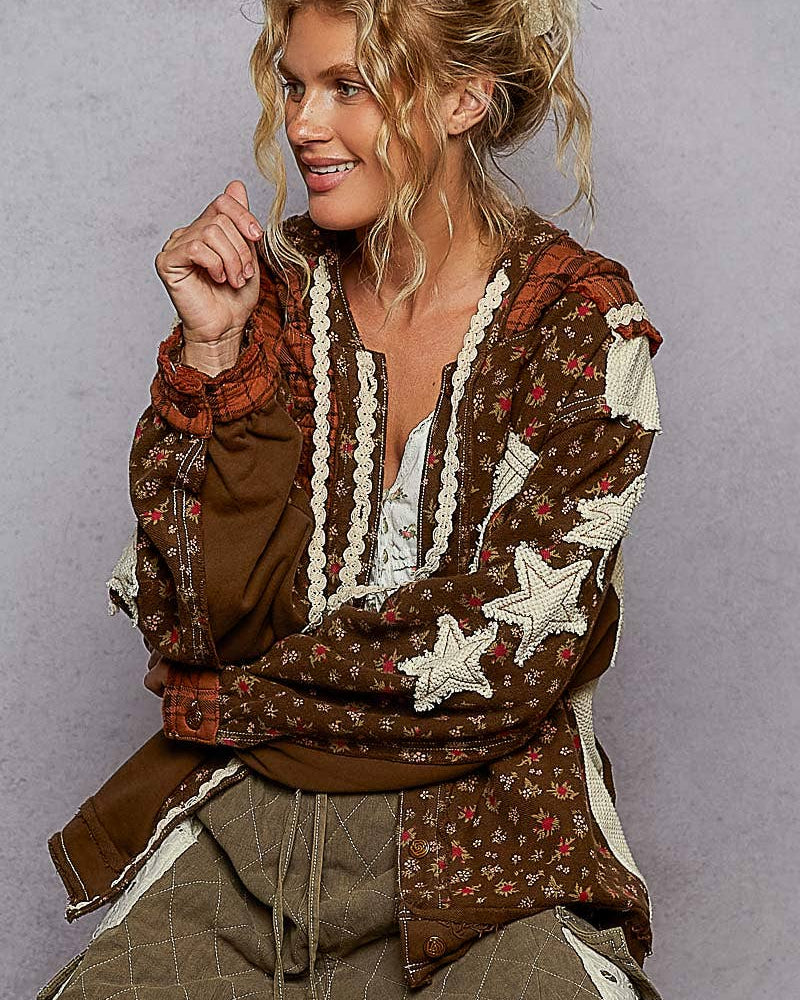 Printed Patch Trim Knit Hoodie