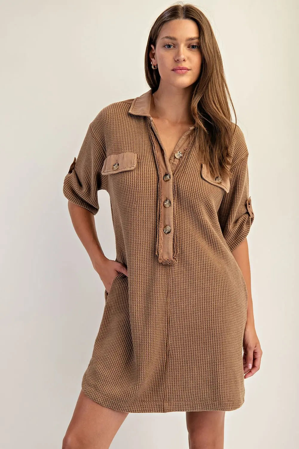 Snow Washed Waffle Knit Loose Fit Mini Dress