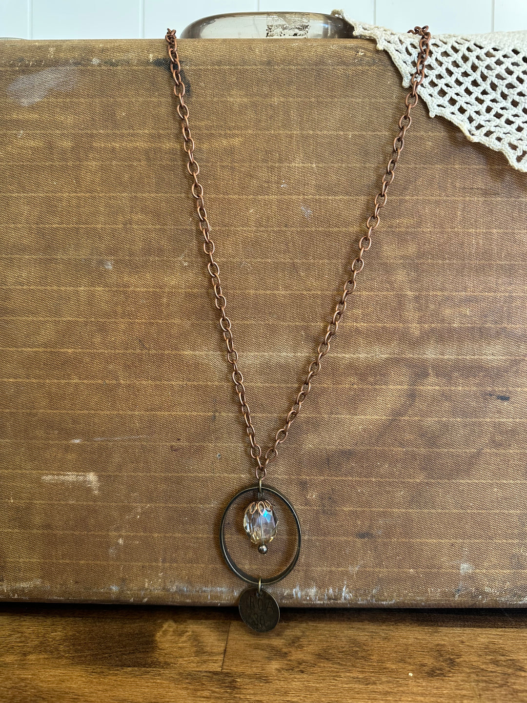 Vintage Copper Crystal Pendant Necklace