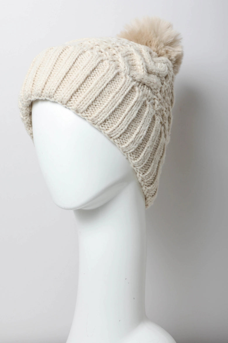 Cable Knit Pom Beanie with Thermal Lining