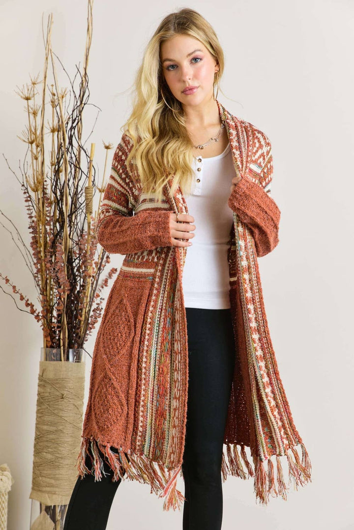 Fringe Hem Aztec Cardigan | Rust
