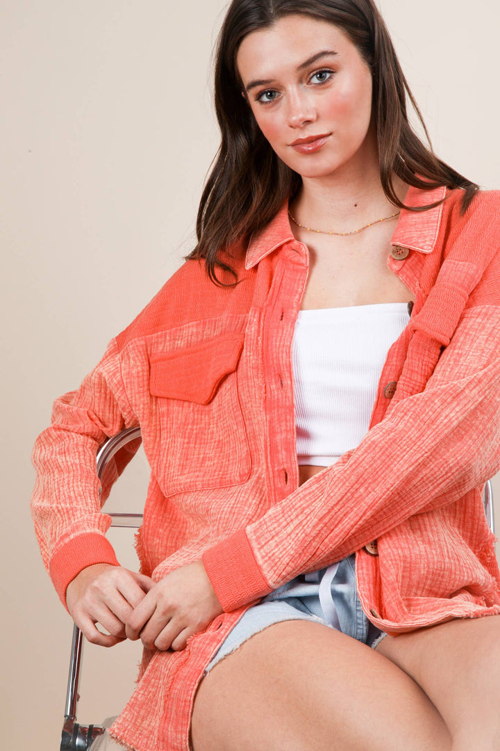 Mineral Washed Oversized Gauze Shacket | Coral