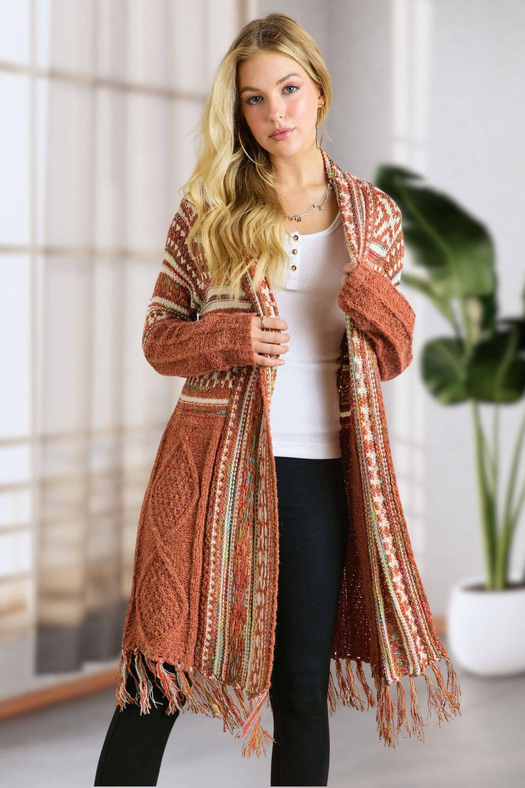 Fringe Hem Aztec Cardigan | Rust
