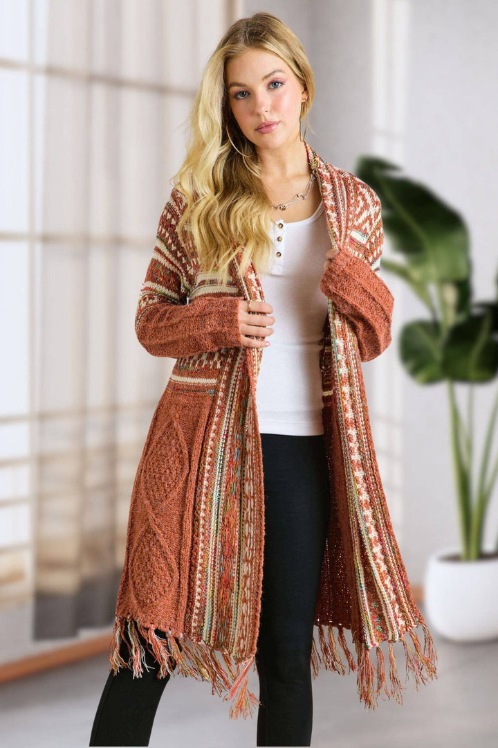 Fringe Hem Aztec Cardigan | Rust