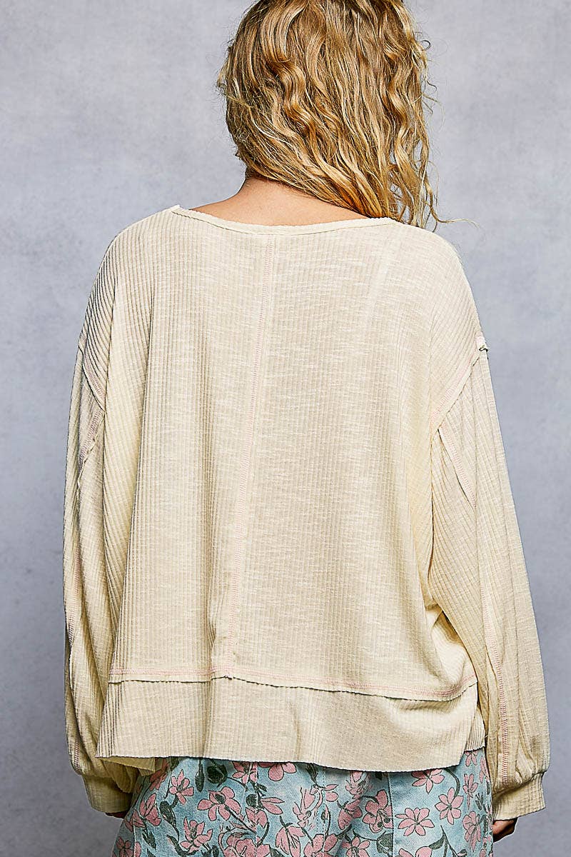 Contrast Stitch Ribbed Long Sleeve Top | Natural
