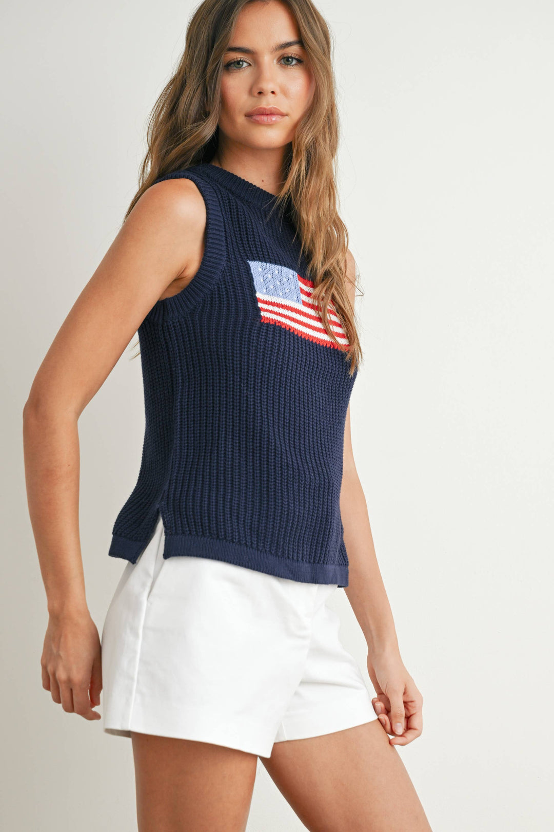 Flag Print Knitted Sleeveless Sweater Top