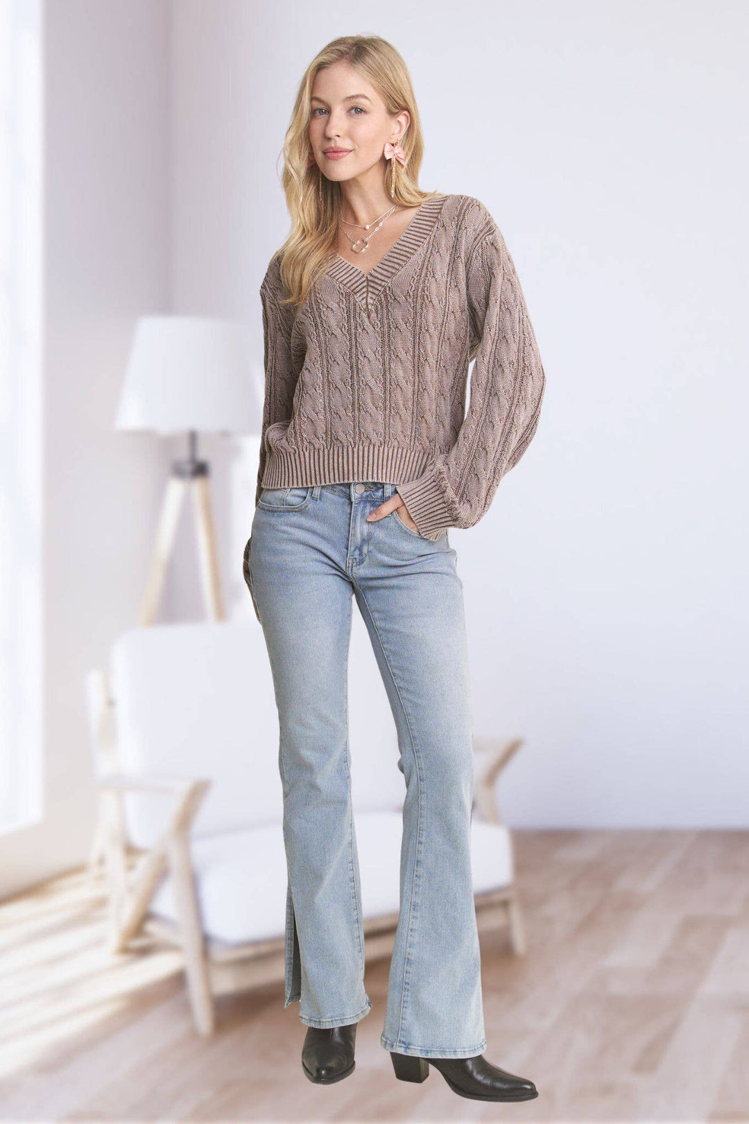 Mineral Washed Sweater Top | Khaki