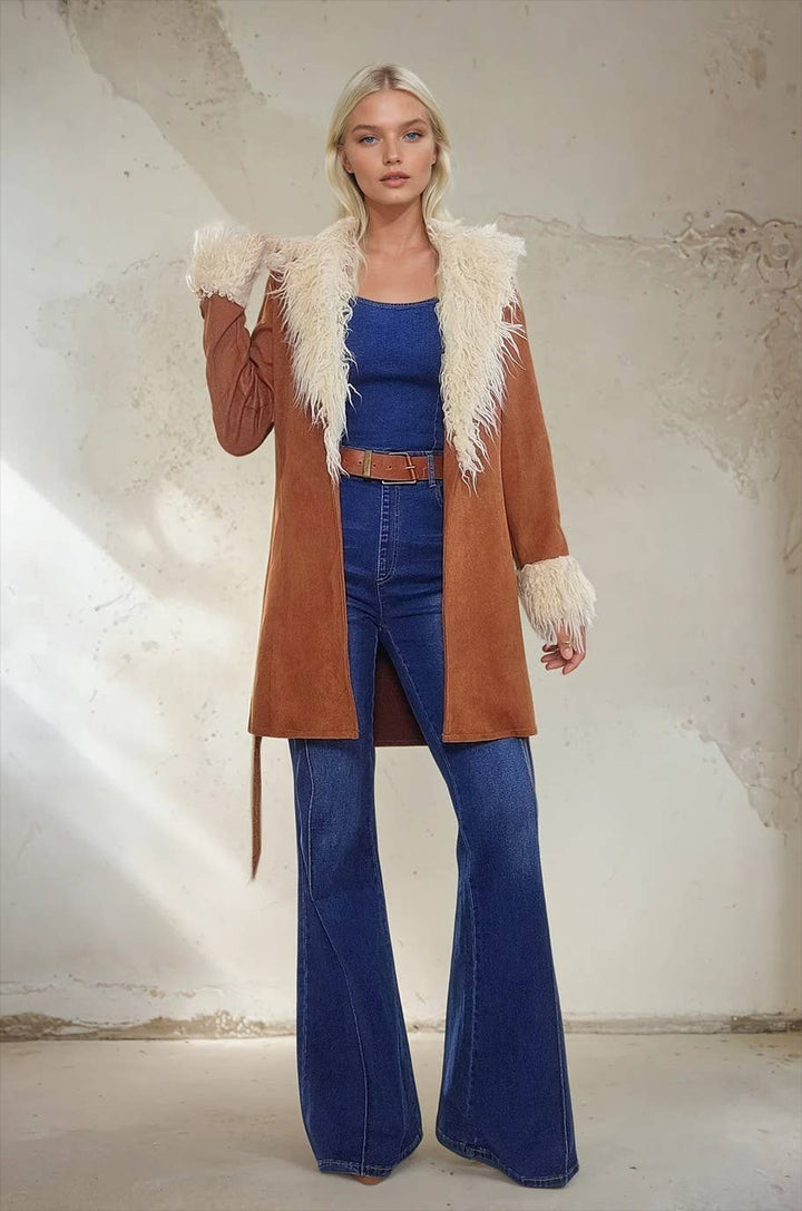 Penny Lane Faux Suede Fur Trim Coat