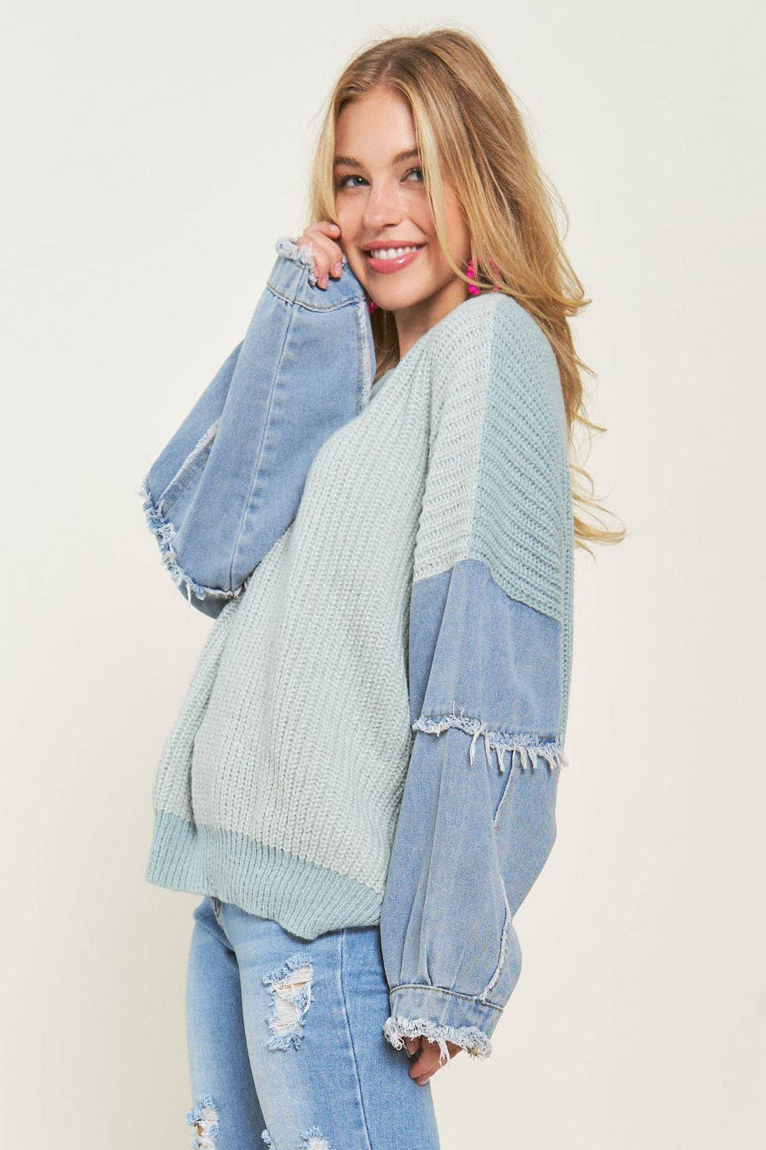 Colorblock Sweater with Denim Sleeves | Blue