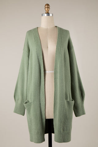 Misty Puff Sleeve Ribbed Trim Soft Knit Cardigan