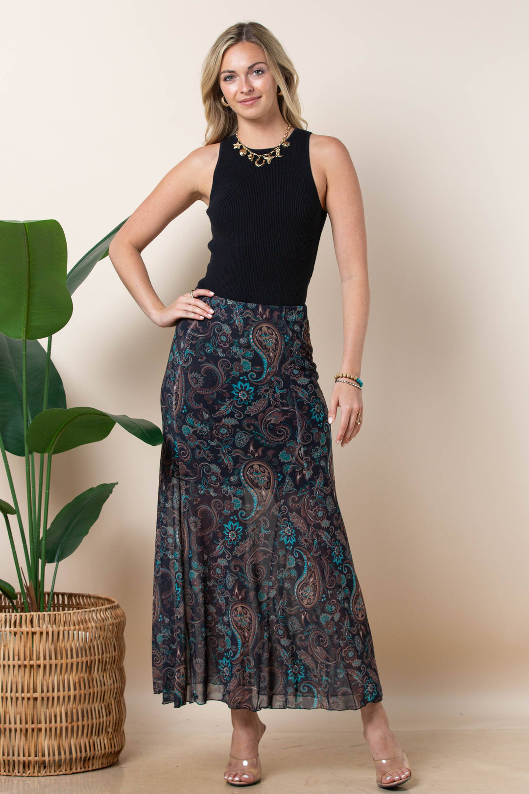 Madison Paisley Print Mesh Skirt
