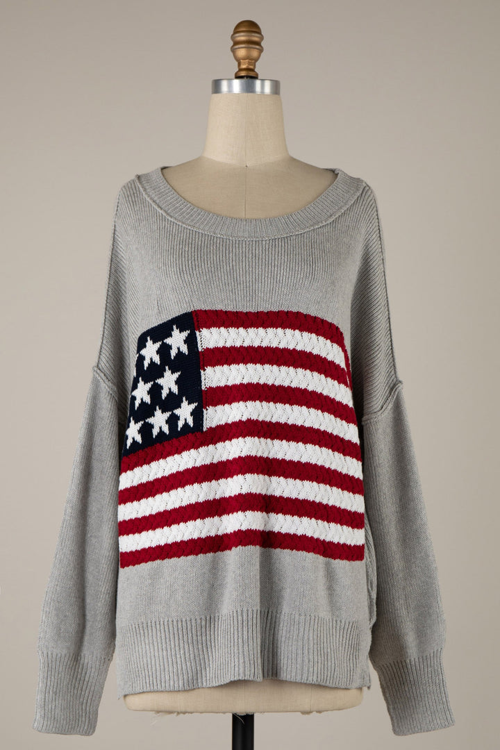 American Flag Knit Sweater in Grey | Yeah Gurl Boutique