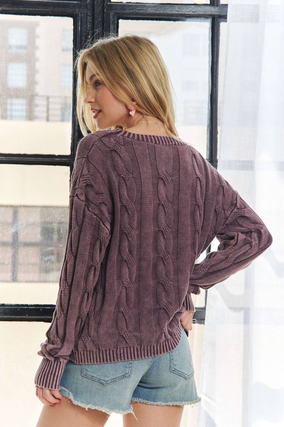 Mineral Wash Cable Knit Sweater | Plum