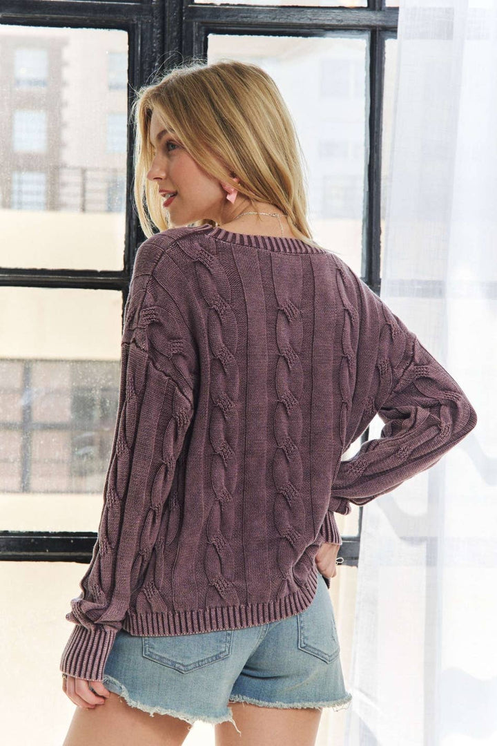 Mineral Wash Cable Knit Sweater | Plum