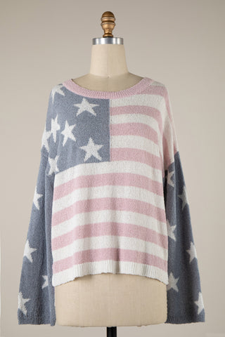 American Flag Knit Sweater | Grey/Blush