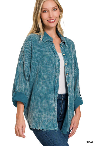 Washed Double Gauze Button Down (Teal)