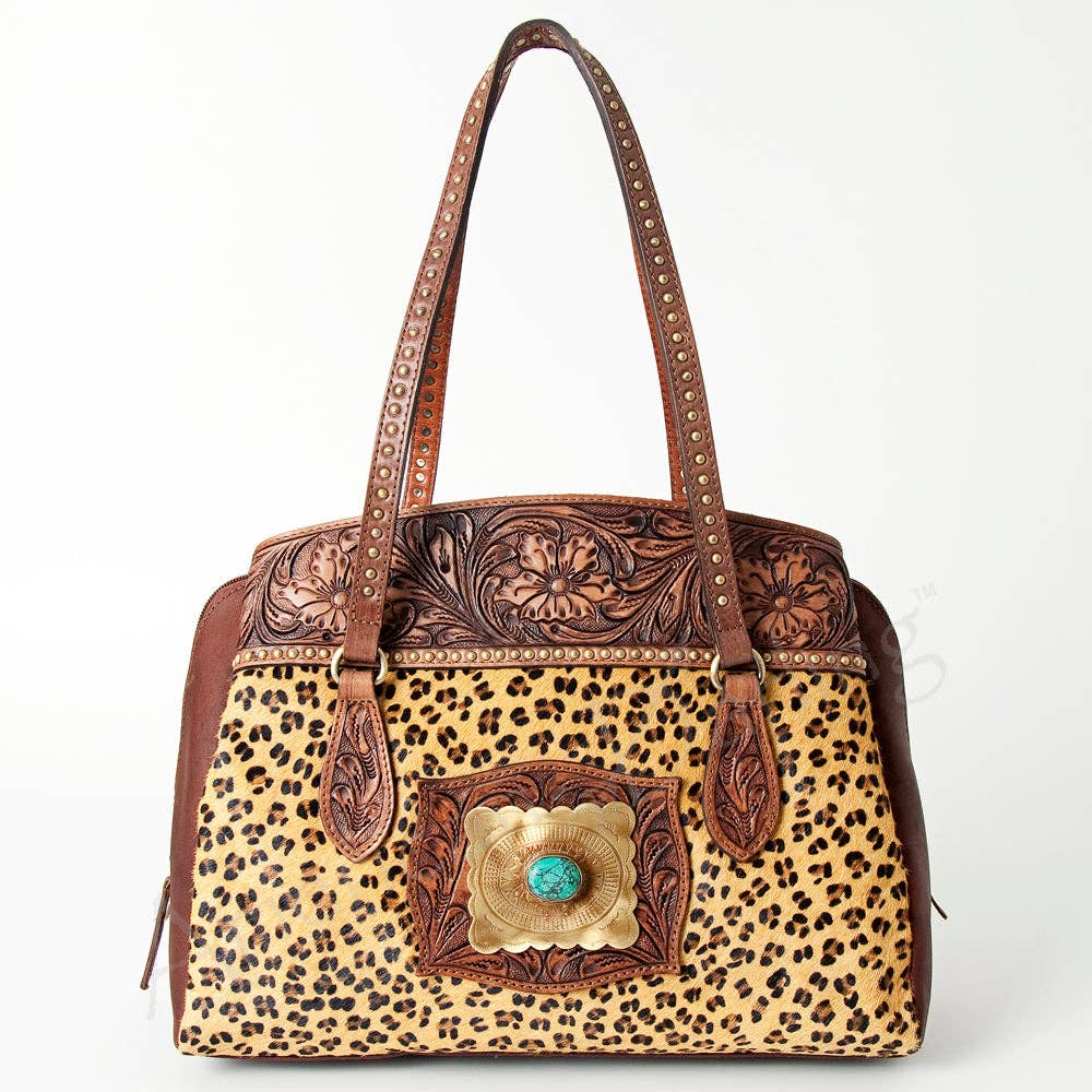 Leopard Print Hair-On Cowhide & Tooled Leather Bag