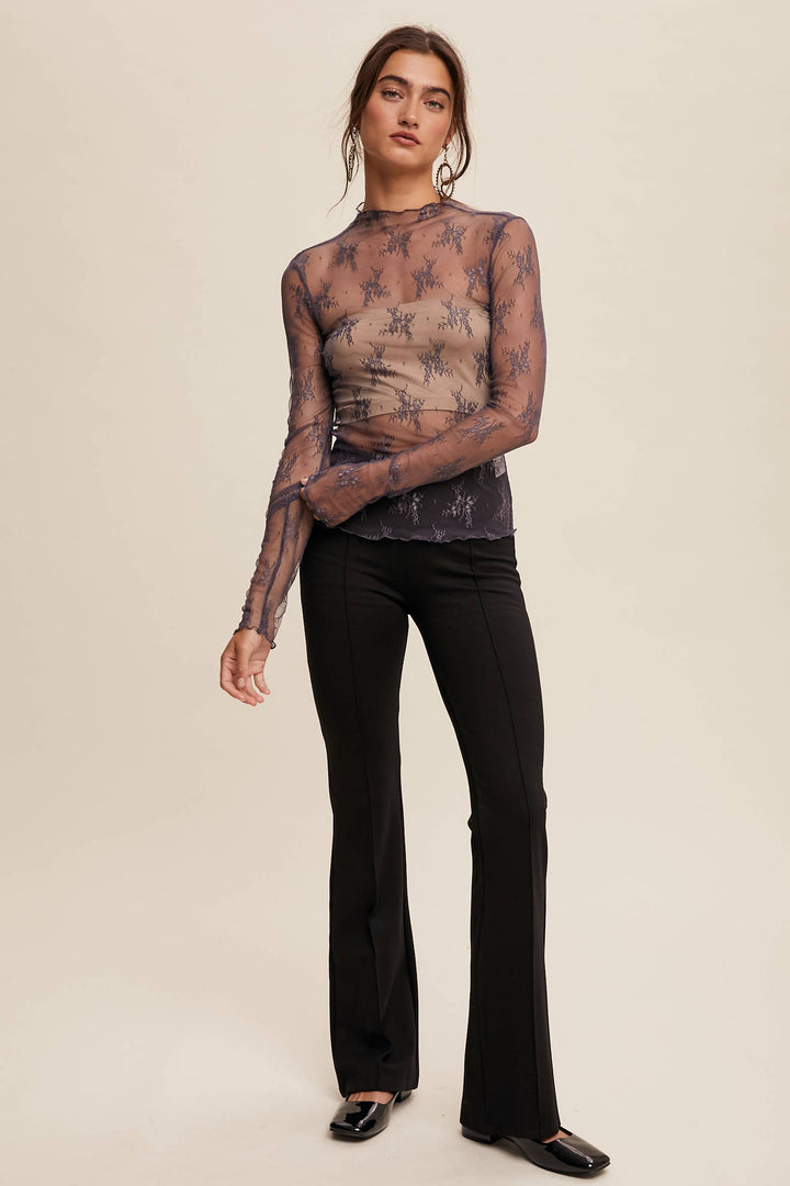 Sheer Lace Long Sleeve Top | Midnight