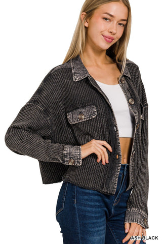 Freya Acid Wash Oversized Cropped Shacket (Ash Black)