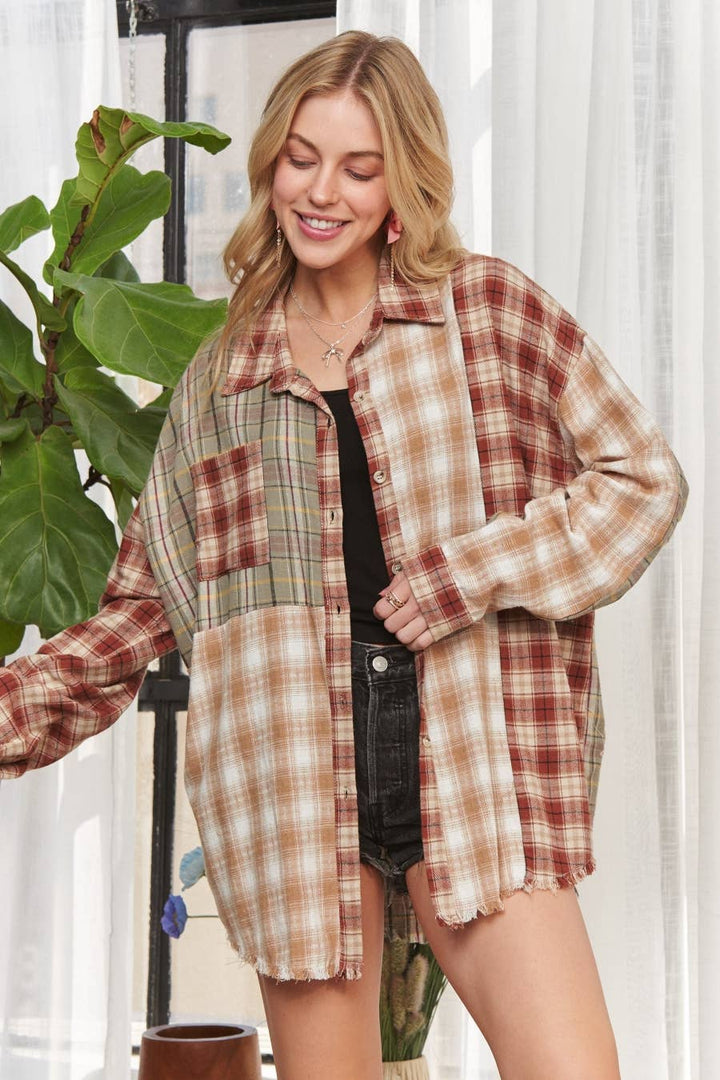 Frayed Edge Boho Plaid Shirt | Sage/Rust