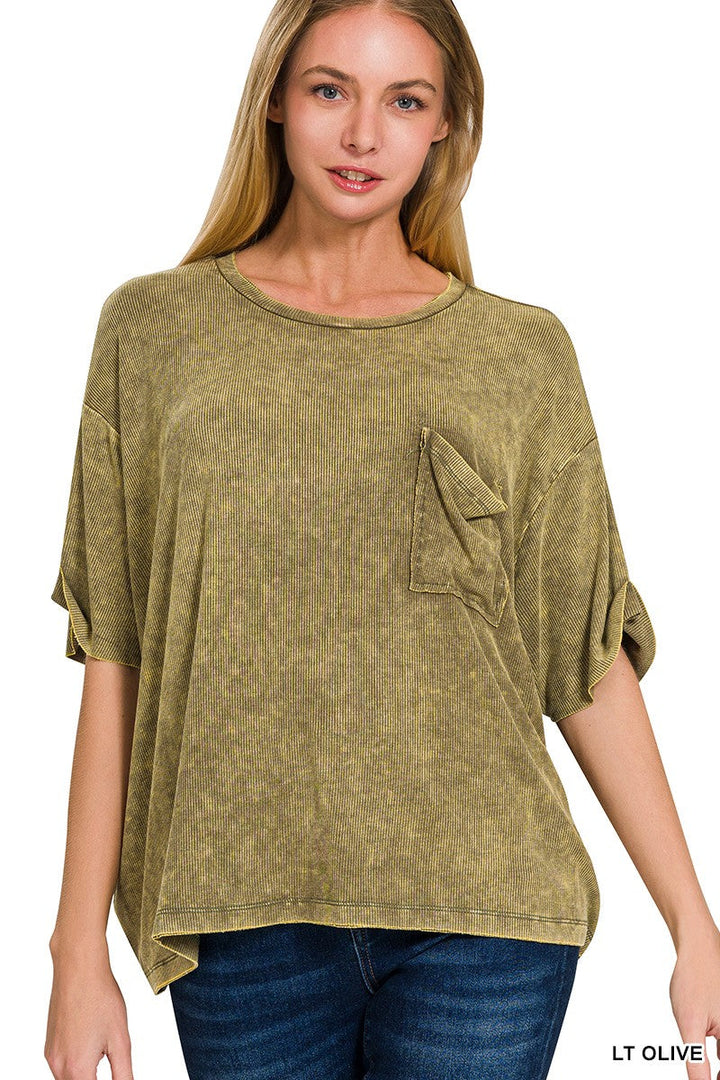 Washed Ribbed Cuff Top in Light Olive | Yeah Gurl Boutique