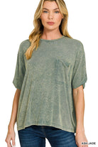 Washed Ribbed Cuff Top in Ash Jade | Yeah Gurl Boutique