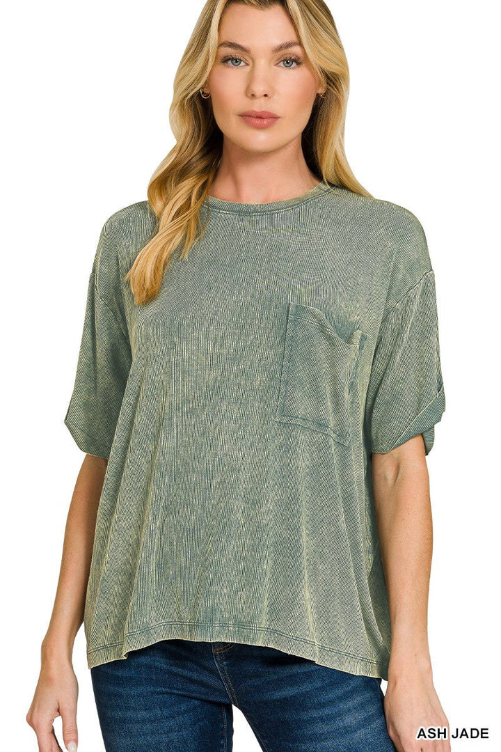 Washed Ribbed Cuff Top in Ash Jade | Yeah Gurl Boutique