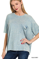 Washed Ribbed Cuff Top in Blue Grey | Yeah Gurl Boutique