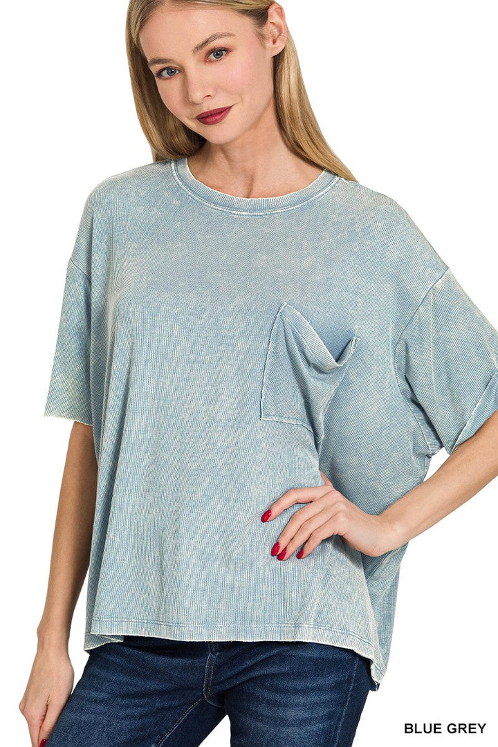 Washed Ribbed Cuff Top in Blue Grey | Yeah Gurl Boutique
