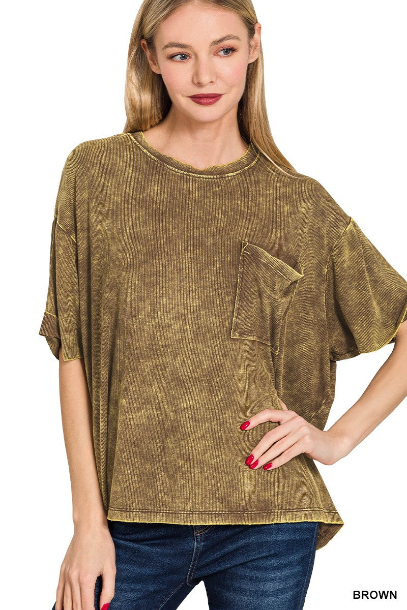 Washed Ribbed Cuff Top in Brown | Yeah Gurl Boutique