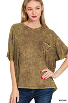 Washed Ribbed Cuff Top in Brown | Yeah Gurl Boutique