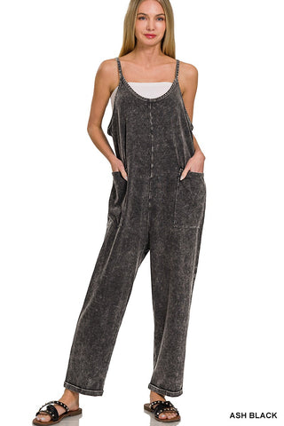 Washed Overalls with Pockets (Ash Black)